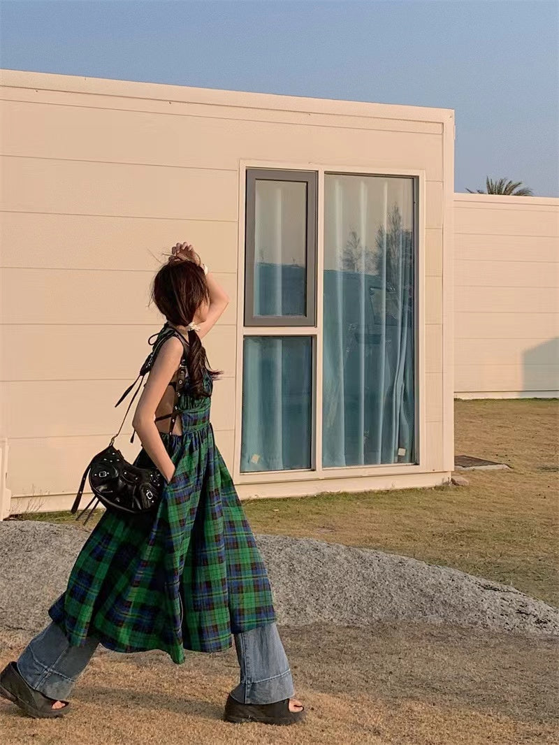 lovevop Retro Green Plaid Waist Backless Slip Dress