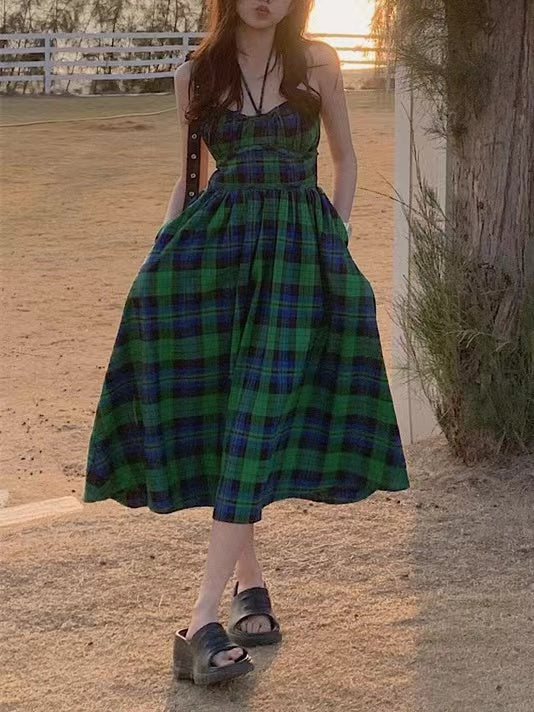 lovevop Retro Green Plaid Waist Backless Slip Dress