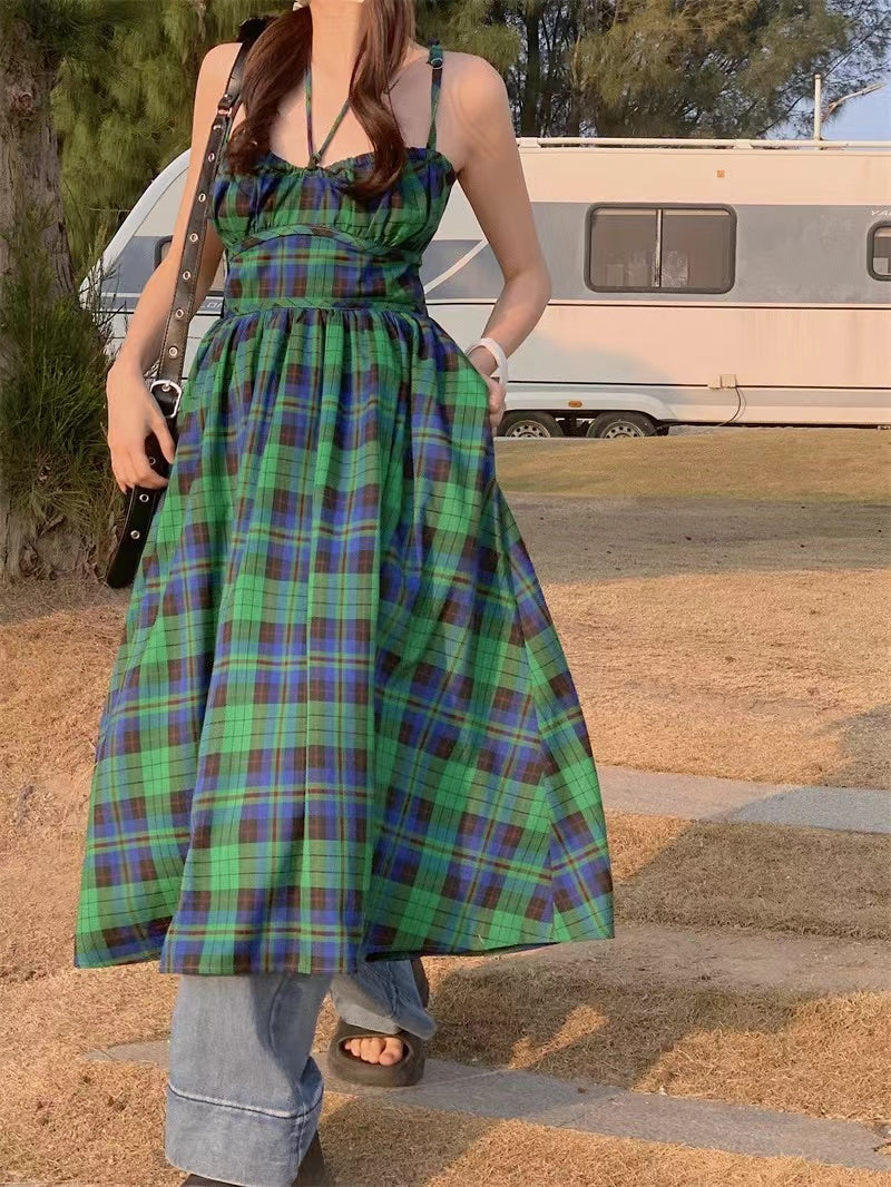 lovevop Retro Green Plaid Waist Backless Slip Dress