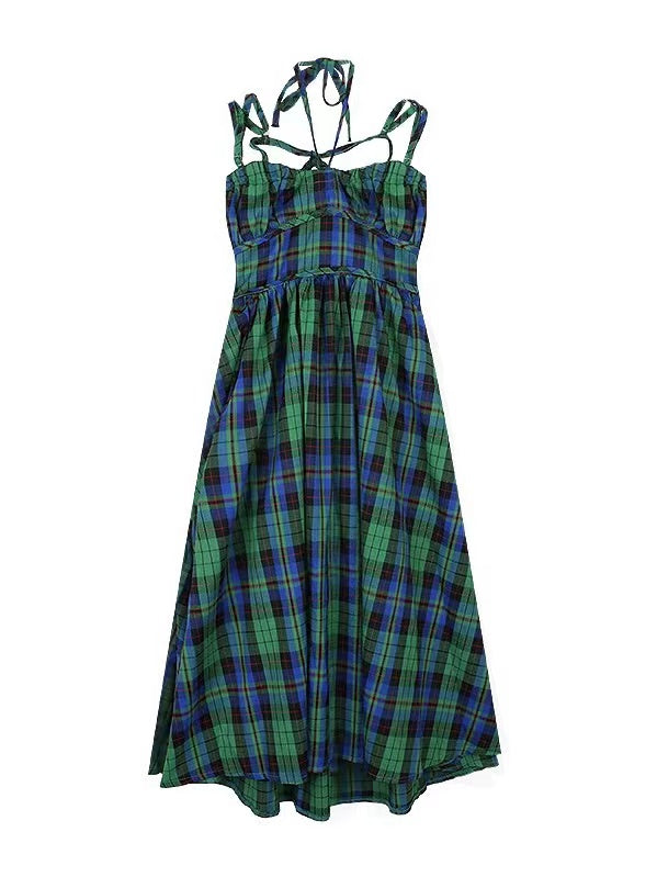 lovevop Retro Green Plaid Waist Backless Slip Dress