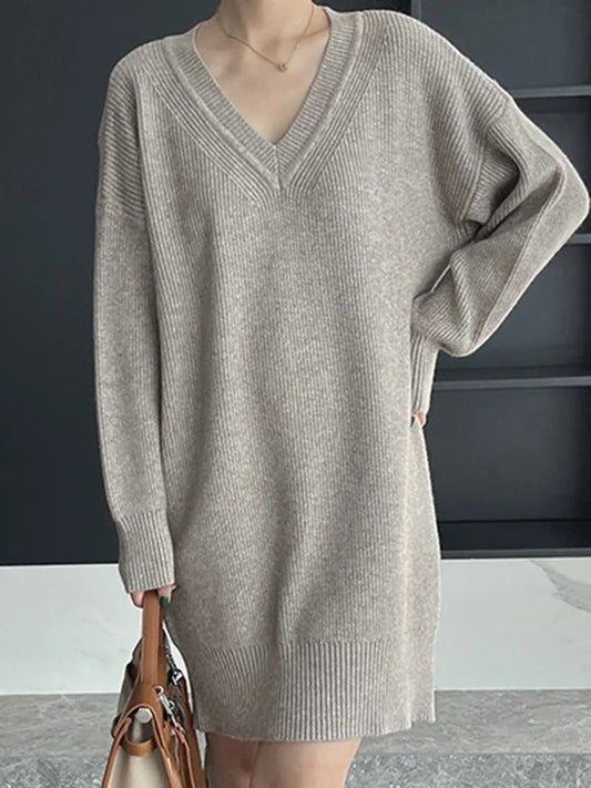 lovevop Simple Loose Long Sleeves Solid Color V-Neck Sweater Dresses