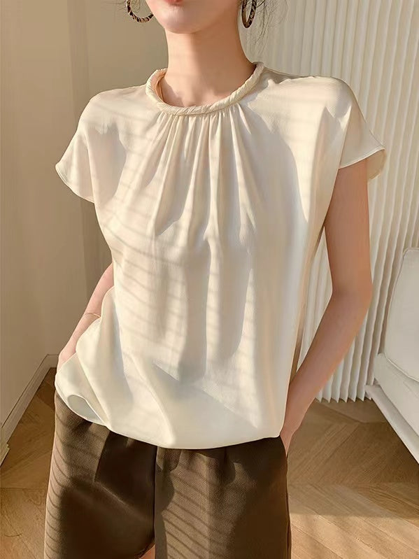 lovevop Retro Silk Ruffled Short Sleeve Shirt Top