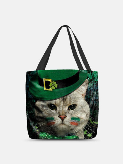 lovevop Women Clover Cat Pattern Print Happy St Patrick Day Shoulder Bag Handbag Tote