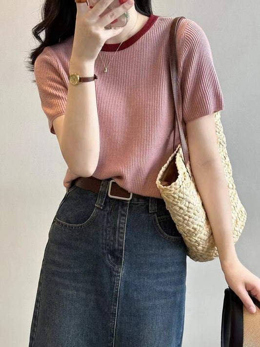 lovevop Contrast Color Crew Neck Knitted T-Shirt