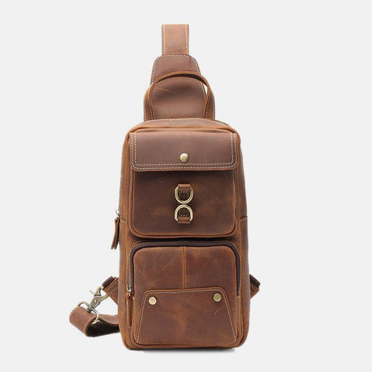 lovevop Men Genuine Leather Cowhide Retro Fashion Chest Bag Crossbody Bag Sling Bag