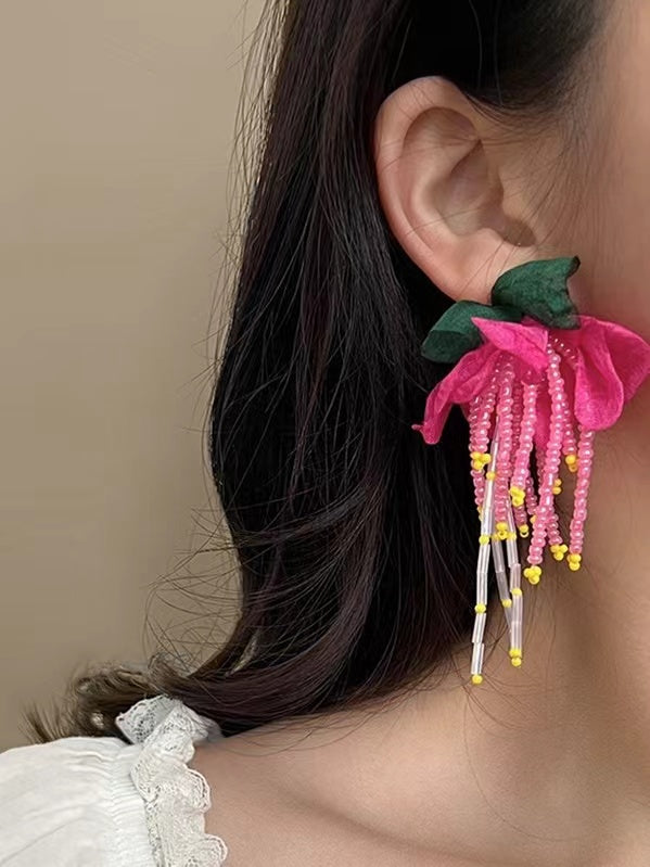 lovevop Silver Pin Flower Beaded Tassel Earrings