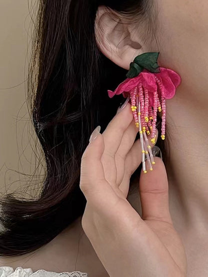 lovevop Silver Pin Flower Beaded Tassel Earrings