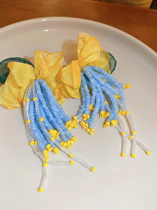 lovevop Silver Pin Flower Beaded Tassel Earrings