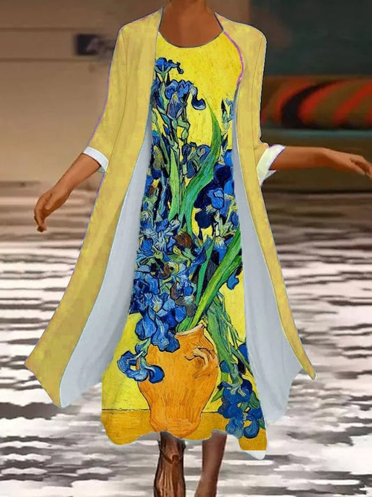 Women's Oil Painting Van Gogh Iris Print Dress Cape Two-piece Set