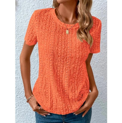 Sweet round neck hollow short-sleeved T-shirt female