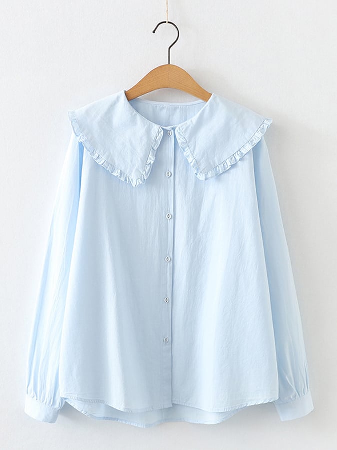 Lovevop Simple Solid Color Patchwork Peter Pan Neck Loose Shirt