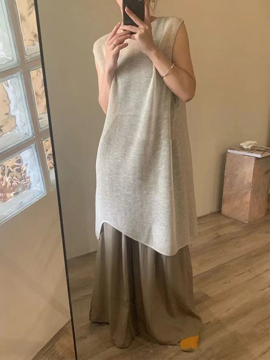 lovevop Comfy Knitted Long Vest&Wide-Leg Pants 2-sets Suit