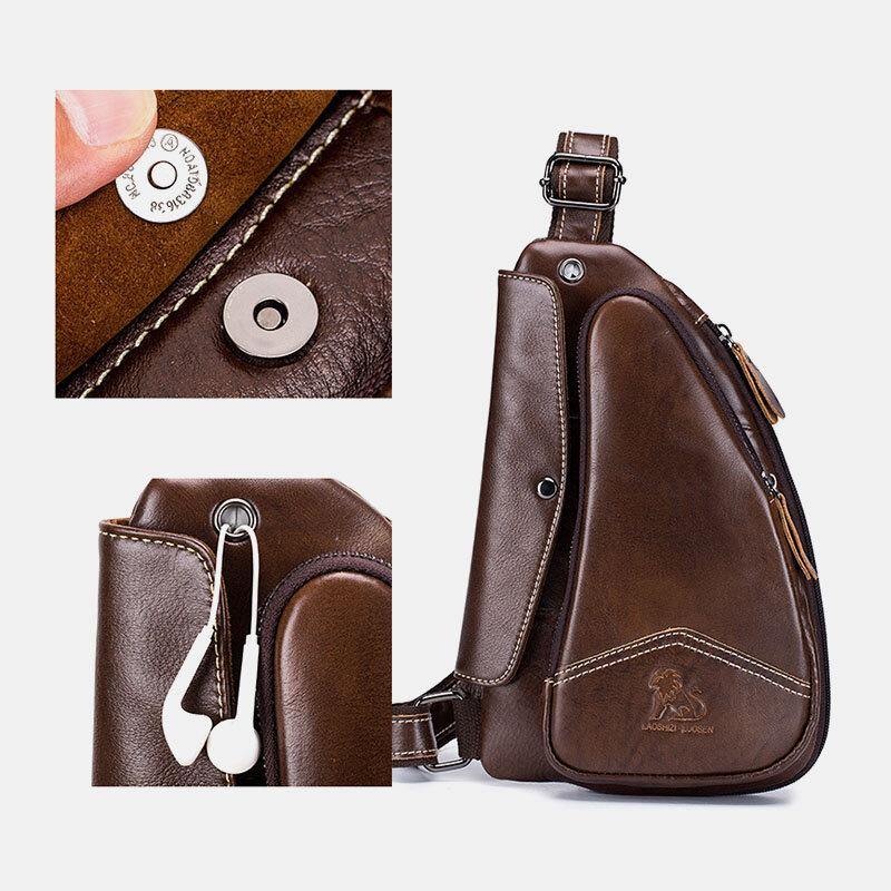 lovevop Men Genuine Leather Cowhide Triangle Shape Fashion Retro Business Shoulder Bag Chest Bag
