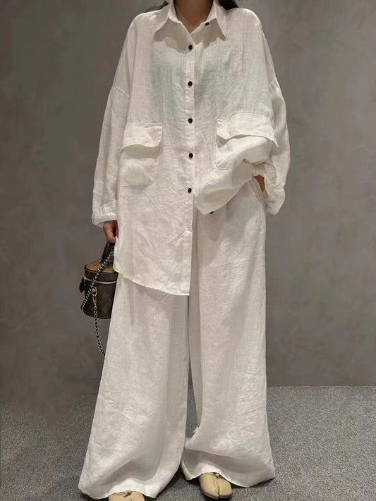 lovevop Linen Loose Shirt &Wide-Leg Pants 2-Pieces Suit