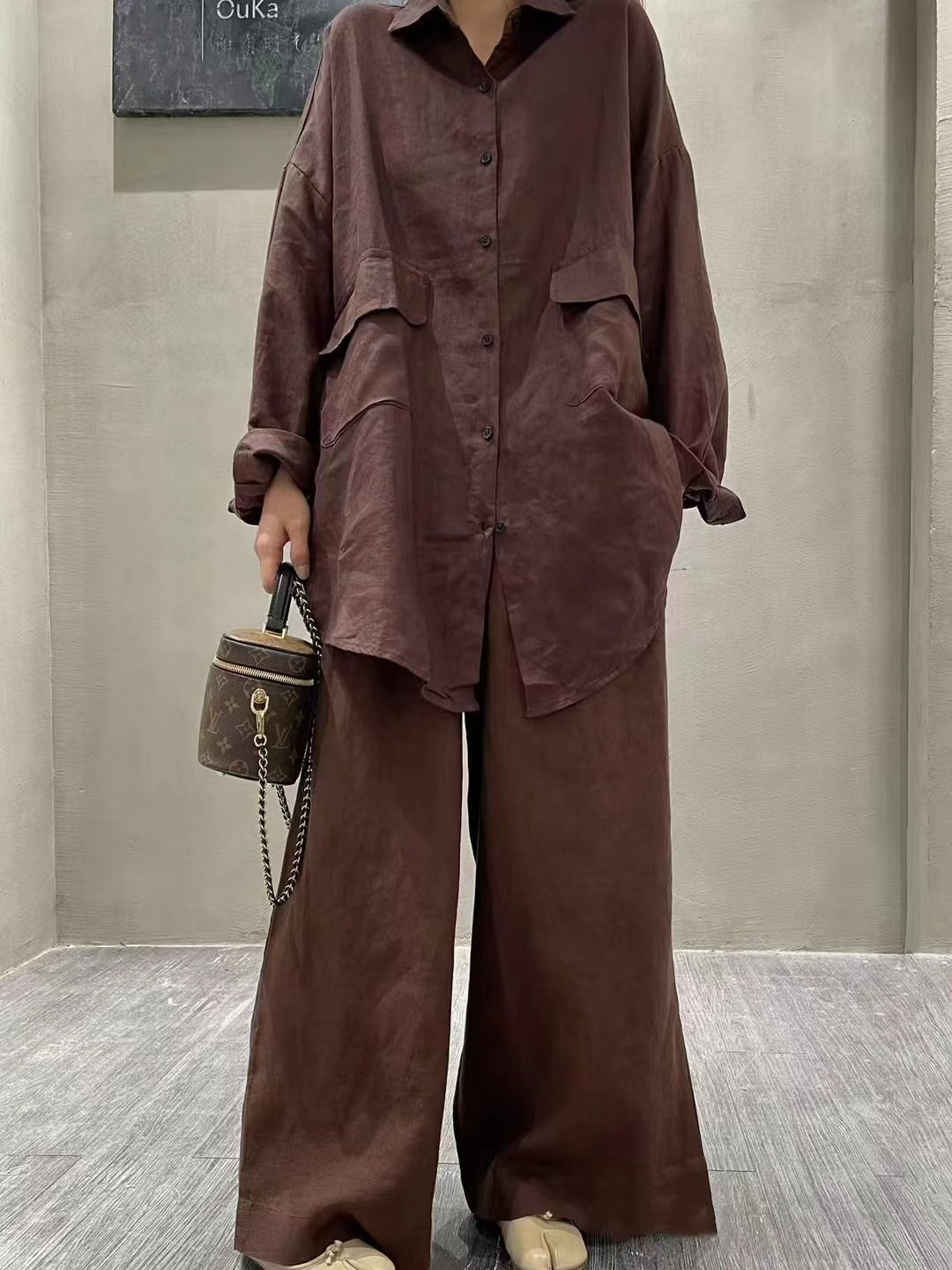 lovevop Linen Loose Shirt &Wide-Leg Pants 2-Pieces Suit