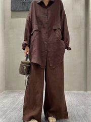 lovevop Linen Loose Shirt &Wide-Leg Pants 2-Pieces Suit