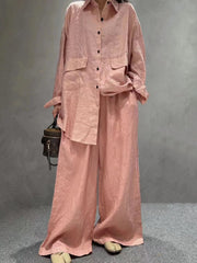 lovevop Linen Loose Shirt &Wide-Leg Pants 2-Pieces Suit