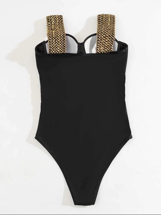 Women's Black One-Piece Knit Waistband Swimsuit