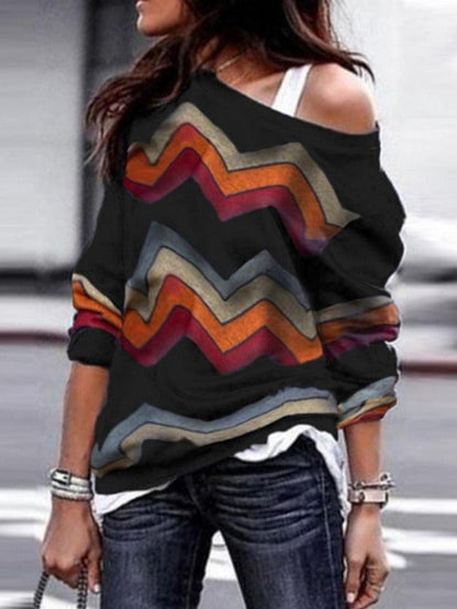 lovevop Off Shoulder Casual Long Sleeve Geometric Print Shirt Blouse