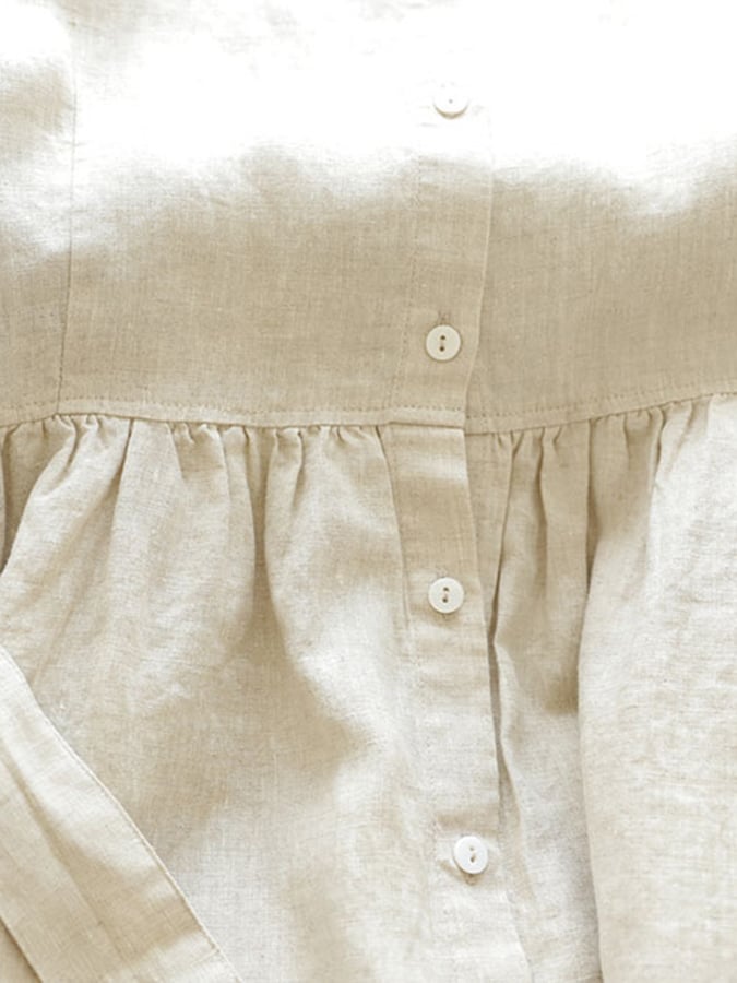 Lovevop Cotton Linen Lapel Button Belt Solid Color Shirt Dress