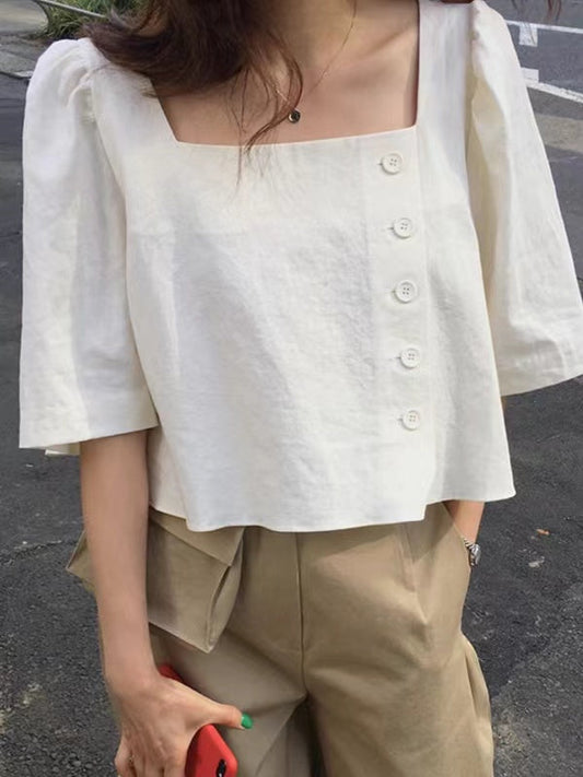 lovevop Square Neck Side Button Cropped Shirt