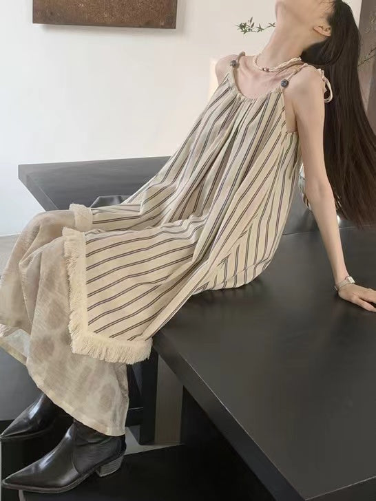 lovevop French Retro Striped Splicing Irregular Sling Dress