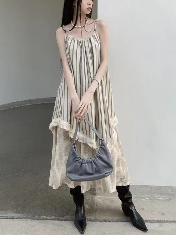 lovevop French Retro Striped Splicing Irregular Sling Dress