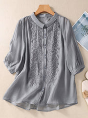 Lovevop Solid Color Lapel Embroidered Casual Top