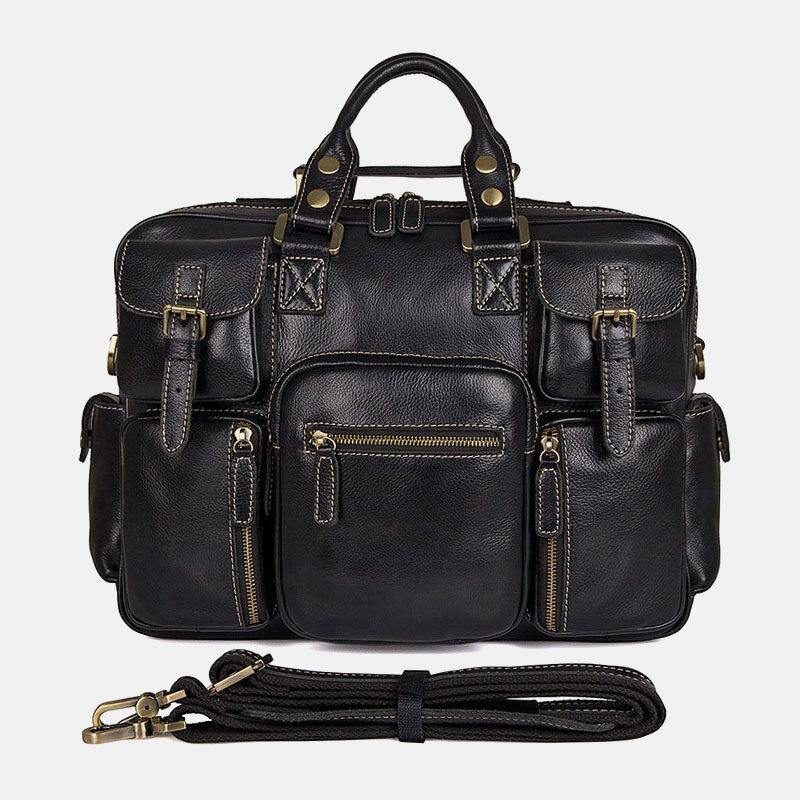 lovevop Men Genuine Leather Detachable Strap Large Multi-Pocket 15.6 Inch Laptop Bag Briefcase Messenger Bag Crossbody Bags