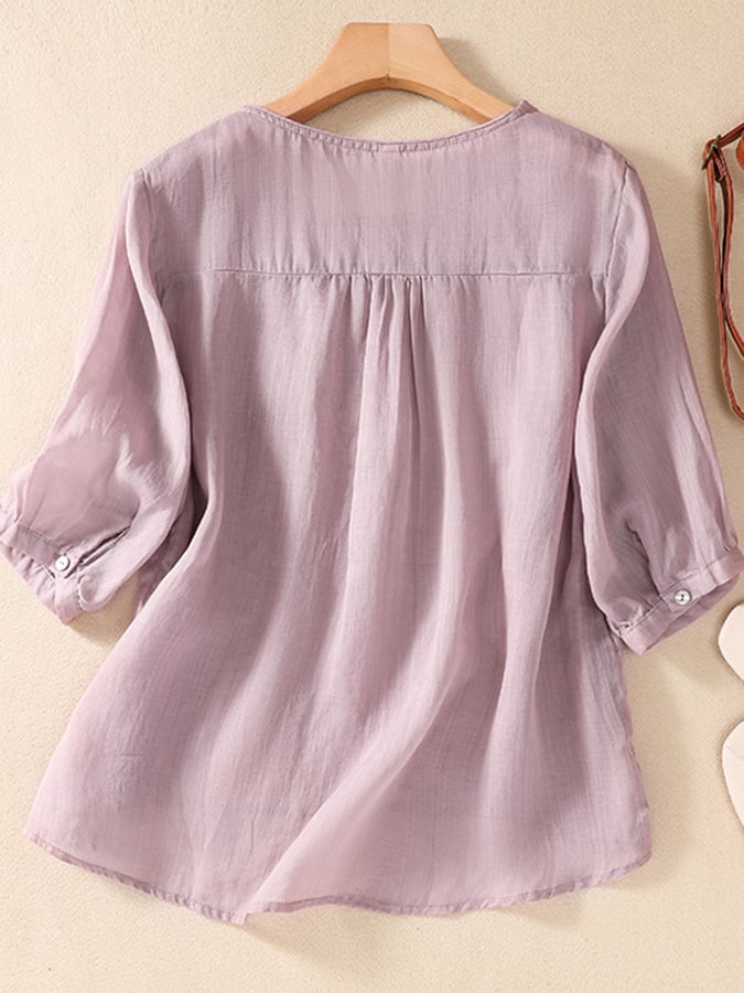 Lovevop Solid Color Round Neck Embroidered Casual Top