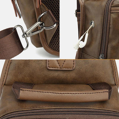 lovevop Men PU Leather Vintage Multifunction Earphone Hole USB Charging Crossbody Bag Chest Bag Sling Bag