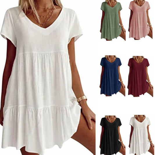 V-neck casual short-sleeved woven dress-Buy 2 Free Shipping