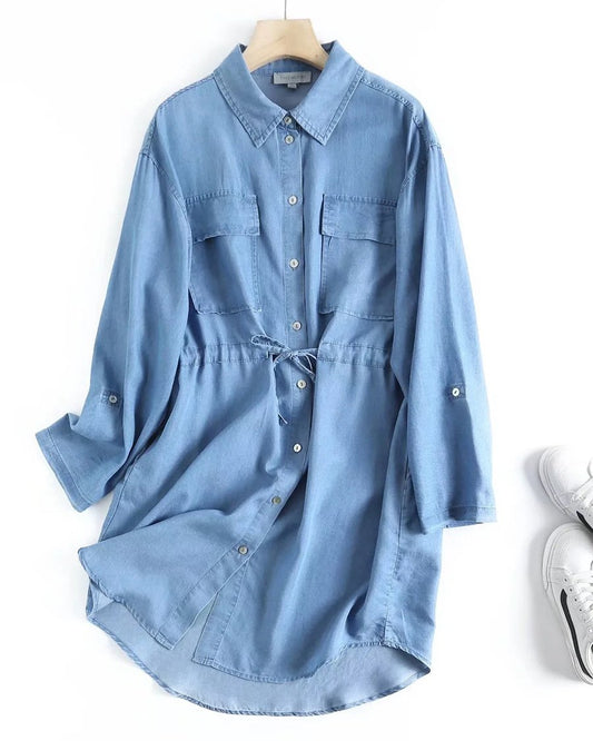 Loose Casual Waist Tie Tencel Denim Dress