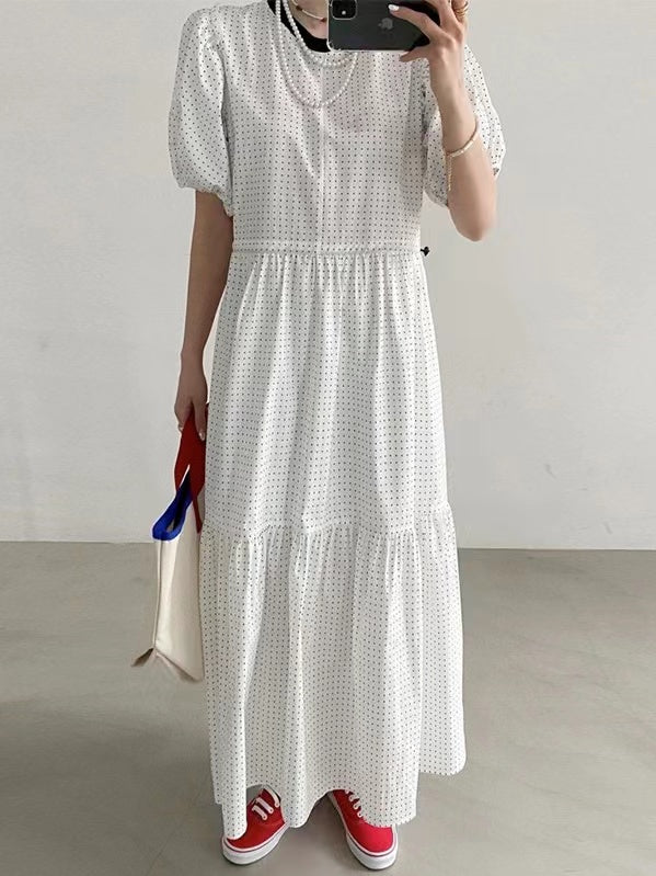 lovevop Daily Polka Dot Puff Sleeve Long Dress