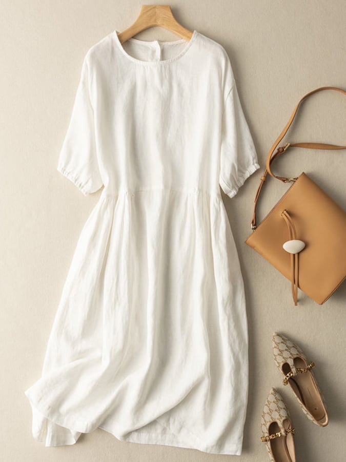 Lovevop Mid Length Mid Sleeved Cotton Linen Dress
