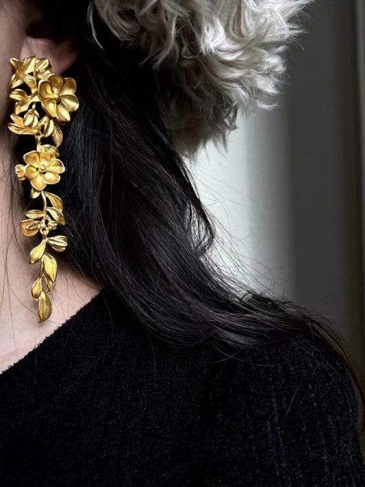 lovevop Gold Flower Long Leaf Earrings