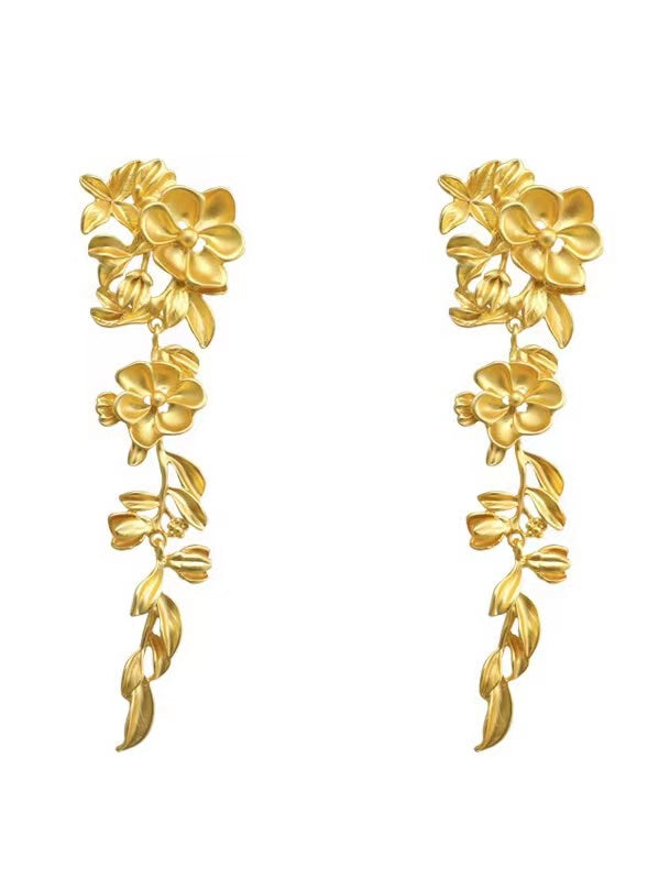 lovevop Gold Flower Long Leaf Earrings