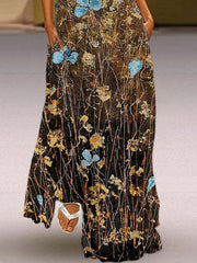 Retro V-Neck Floral Oil Painting Print Maxi Dress