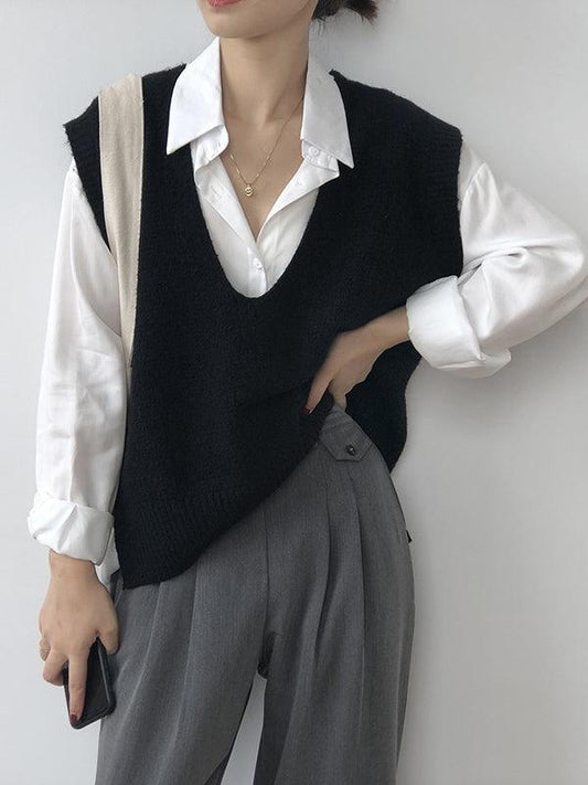 lovevop Knitting Irregularity Solid V-Neck Vest