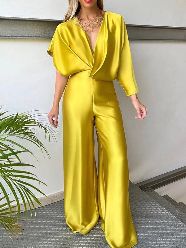 Love-vop - Asymmetric Solid Color Deep V-Neck Jumpsuits