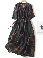 Lovevop Cotton Linen Vintage High Waist Lace Up Flare Dress
