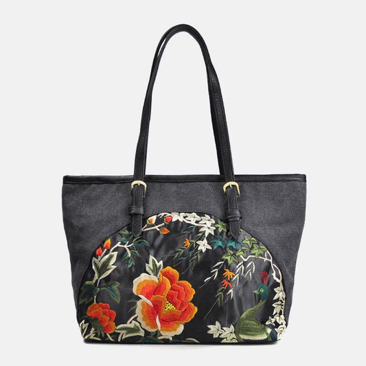 lovevop Women Canvas Ethnic Style Embroidered Floral Large Capacity Handbag Shoulder Bag Tote