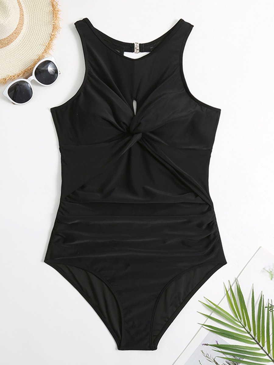 Solid Cut Out Crossover One Piece Swimsuit