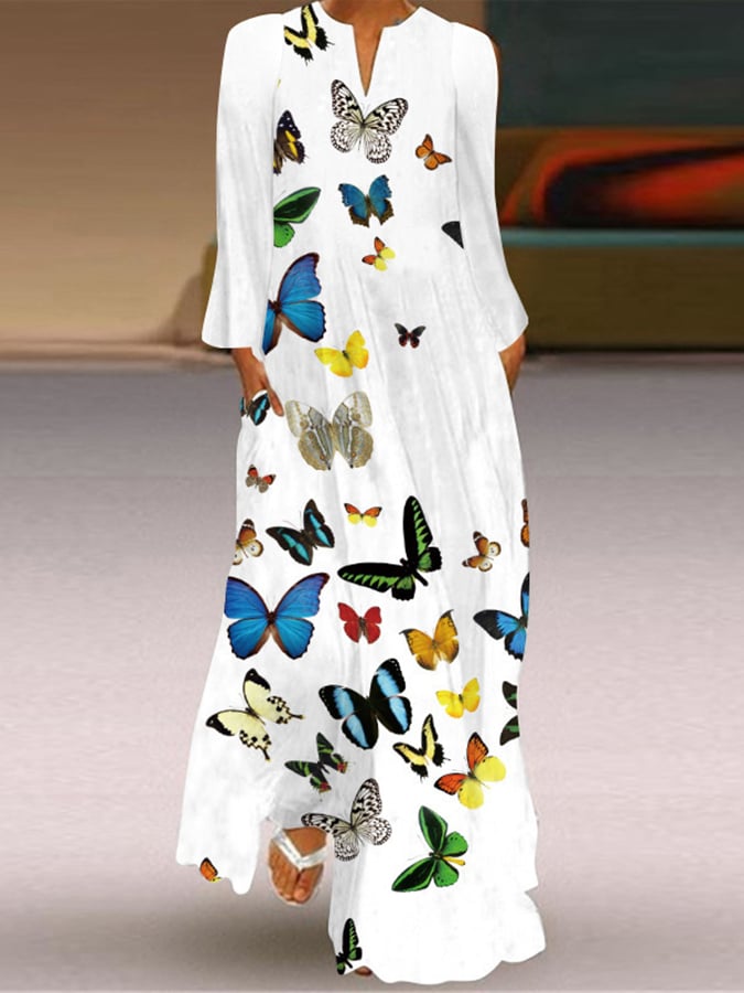 Women's Floral Butterflies Print Long-Sleeve Dress