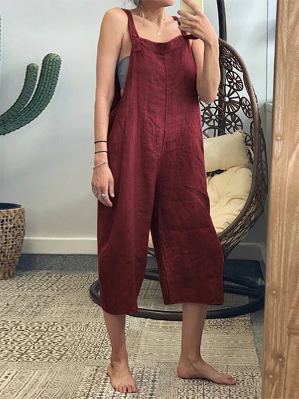 Women's Cotton Loose Casual Jumpsuit Capris Overalls