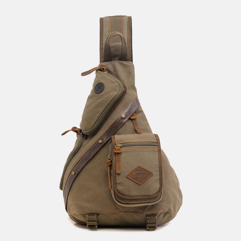 lovevop Men Genuine Leather And Canvas Travel Outdoor Carrying Bag Multi-pocket Crossbody Bag Chest Bag