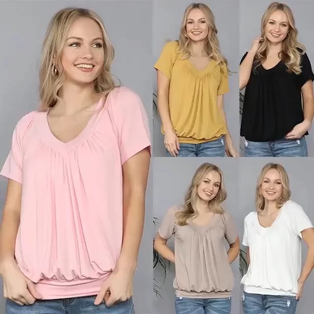 Solid Color Pleat Design T-shirt Top