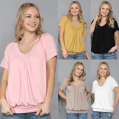 Solid Color Pleat Design T-shirt Top