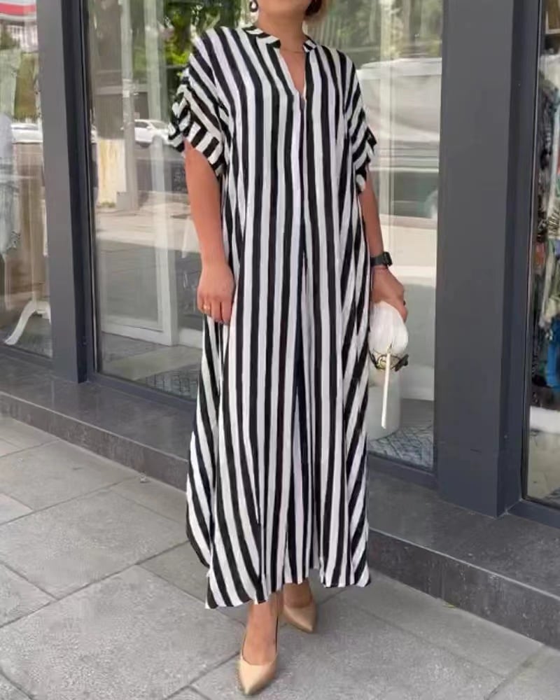 WOMEN'S V-NECK STRIPED PRINT DRESS