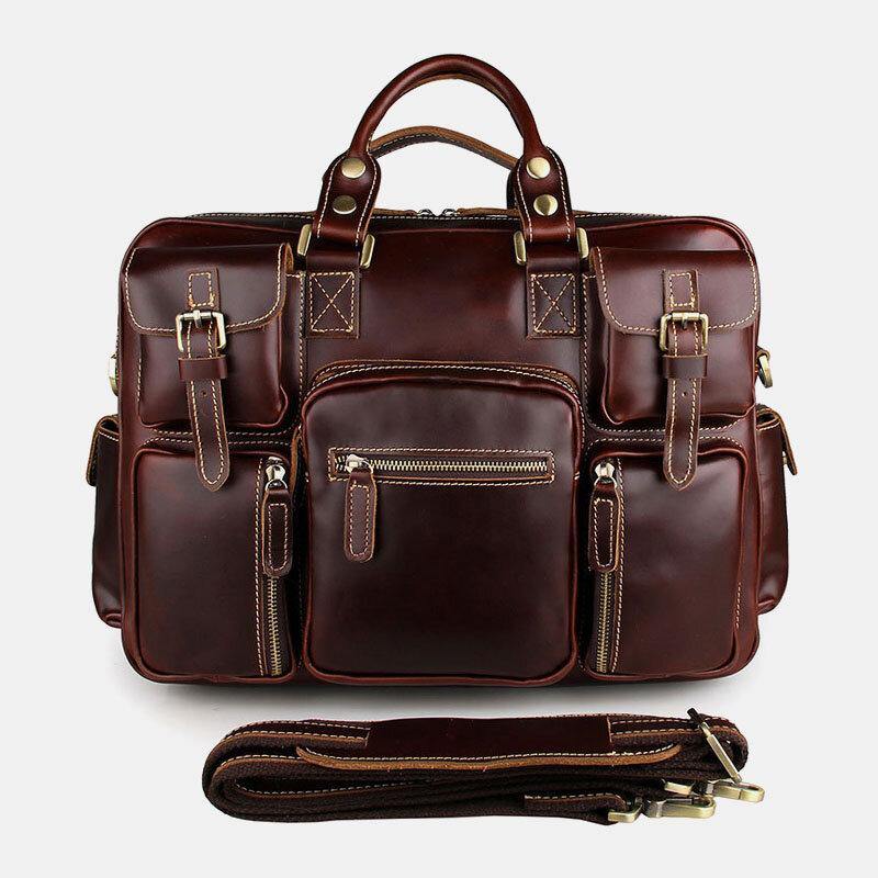 lovevop Men Genuine Leather Detachable Strap Large Multi-Pocket 15.6 Inch Laptop Bag Briefcase Messenger Bag Crossbody Bags